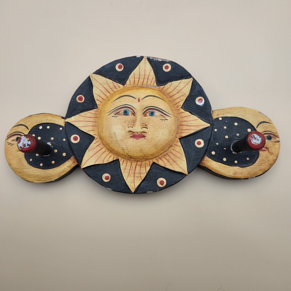 Vintage Celestial Moon Stars Sun Wooden Painted Key Coat Hook Wall Hanger Decor